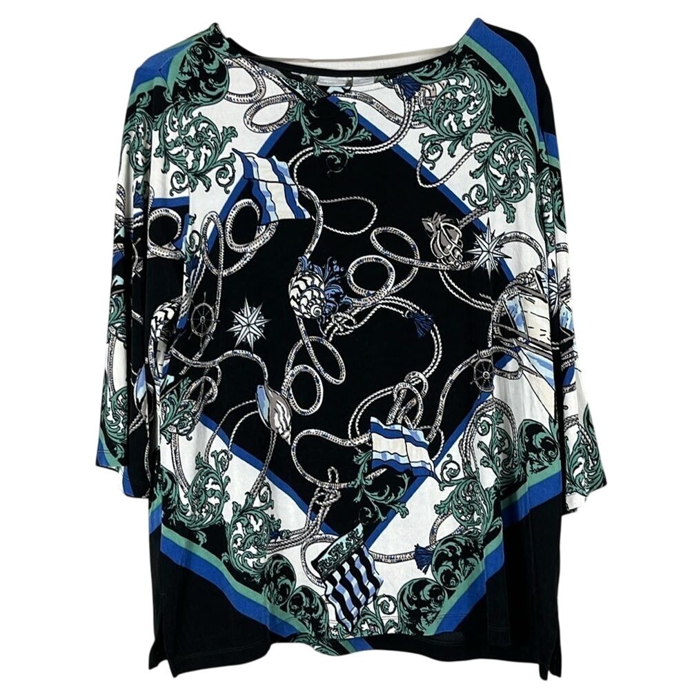 Chico's 3/4 Sleeve Travelers Tunic Blouse Womens Size 3P (XL/16) Scarf Print